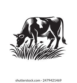 Vector Silhouette of a Grazing Cow in Profile with Grass