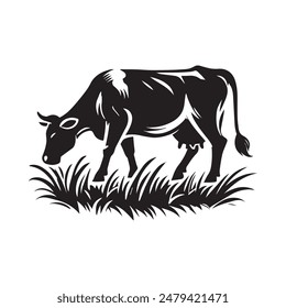 Vector Silhouette of a Grazing Cow in Profile with Grass