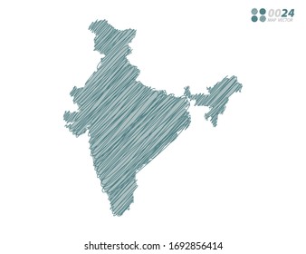 Vector silhouette green chaotic hand drawn scribble sketch of India map on white background.