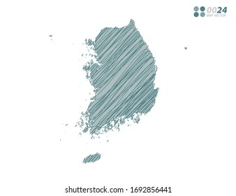 Esbozo de escarabajo verde caótico dibujado a mano dibujando el mapa de Corea del Sur sobre fondo blanco.