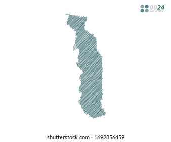 Vector silhouette green chaotic hand drawn scribble sketch of Togo map on white background.