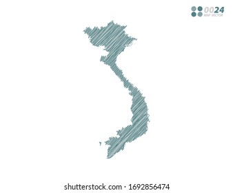 Vector silhouette green chaotic hand drawn scribble sketch of Vietnam map on white background.