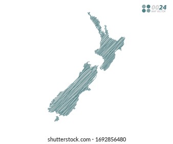 Vector silhouette green chaotic hand drawn scribble sketch of New Zealand map on white background.