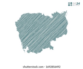 Vector silhouette green chaotic hand drawn scribble sketch of Cambodia map on white background.