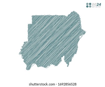 Esbozo de escarabajo verde caótico dibujado a mano dibujando el mapa de Sudán sobre fondo blanco.