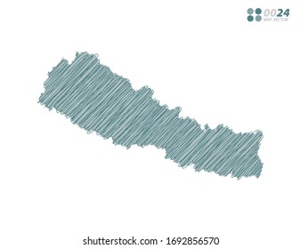 Vector silhouette green chaotic hand drawn scribble sketch of Nepal map on white background.