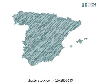 Vector silhouette green chaotic hand drawn scribble sketch of Spain map on white background.