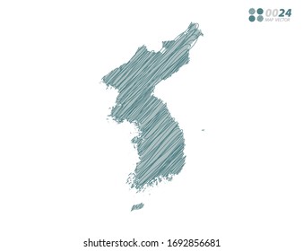 Vector silhouette green chaotic hand drawn scribble sketch of Korea map on white background.