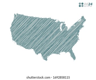 Vector silhouette green chaotic hand drawn scribble sketch of United States of America (USA) map on white background.