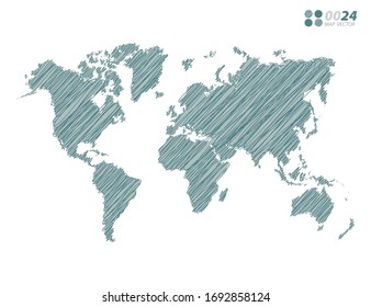 Silueta vectorial verde caótico dibujo a mano garabato dibujado en el mapa mundial sobre fondo blanco.