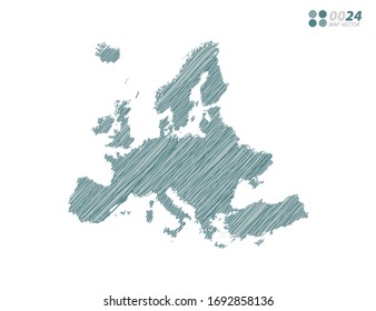 Vector Silhouette Green Chaotic Hand Drawn Scribble Sketch Of Europe Map On White Background.