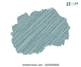Silueta vectorial verde caótico dibujo a mano garabatos del mapa de Macedonia sobre fondo blanco.