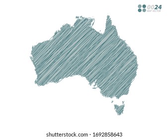 Vector silhouette green chaotic hand drawn scribble sketch of Australia map on white background.