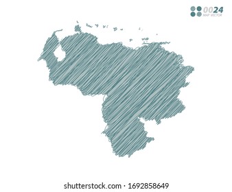 Esbozo de guijarros pintado a mano con silueta verde vectorial del mapa de Venezuela sobre fondo blanco.