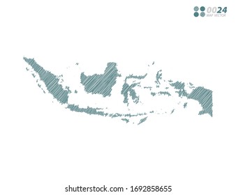 Esbozo de escarabajo verde caótico dibujado a mano dibujando un mapa de Indonesia sobre fondo blanco.