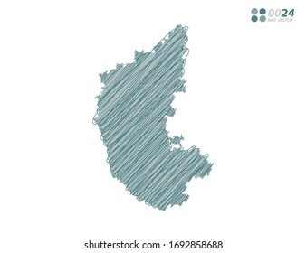 Silueta vectorial color caótico dibujo a mano garabatos del mapa de Karnataka sobre fondo blanco.