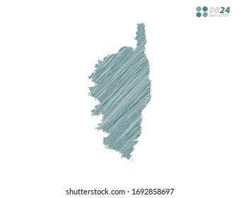 Vector silhouette green chaotic hand drawn scribble sketch of Corsica map on white background.