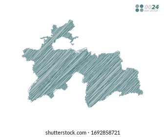 Esbozo de escarabajo verde caótico dibujado a mano dibujando el mapa de Tayikistán de fondo blanco.