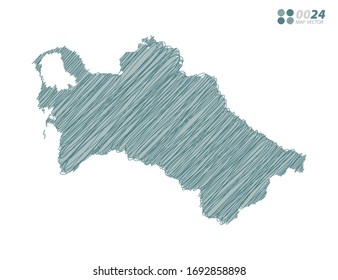 Vector silhouette green chaotic hand drawn scribble sketch of Turkmenistan map on white background.
