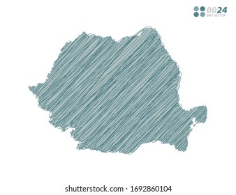 Vector silhouette green chaotic hand drawn scribble sketch of Romania map on white background.