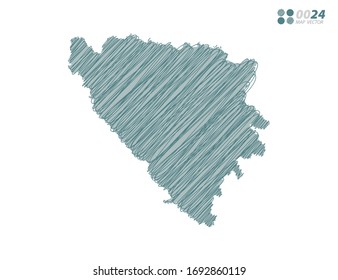 Vector silhouette green chaotic hand drawn scribble sketch of Bosnia and Herzegovina map on white background.