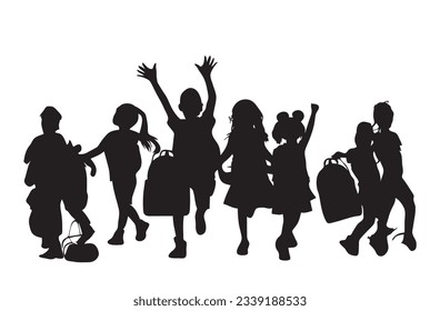 Vector silhouette of Group of children carrying school bags  going to school on white background. Symbol of school and education, back to school