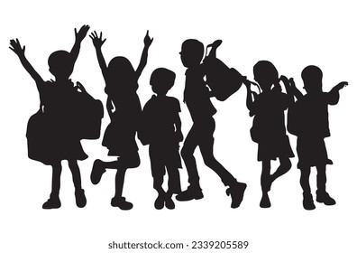 Vector silhouette of Group of children carrying school bags  going to school on white background. Symbol of school and education, back to school