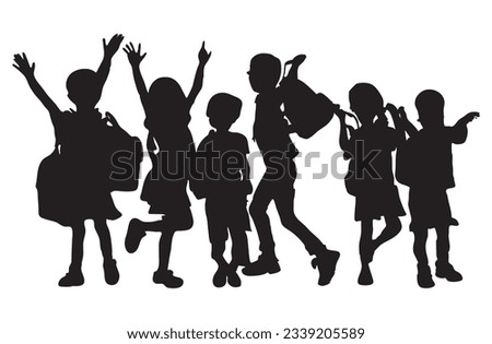 Vector silhouette of Group of children carrying school bags  going to school on white background. Symbol of school and education, back to school
