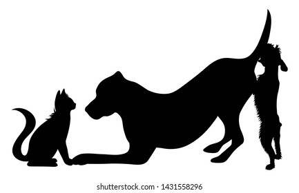 Vector silhouette of group of dogs with cat. Symbol of animal friends on white background. Funny activities.
