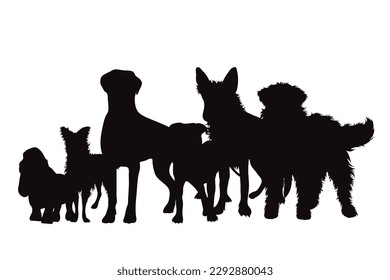 Vector silhouette of group of dogs on white background. Symbol of animal and pet.