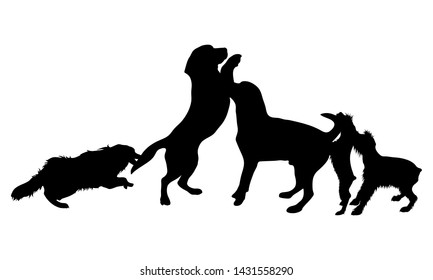 Vector silhouette of group of dogs. Symbol of animal friends on white background. Funny activities.