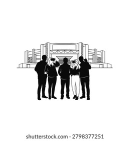 Vector silhouette of a group of five people standing outside a sports stadium arena building, including individuals using smartphones to take pictures, black and white line art.