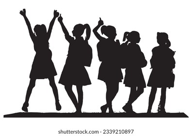 Vector silhouette of Group of Girls children carrying school bags  going to school on white background. Symbol of school and education, back to school