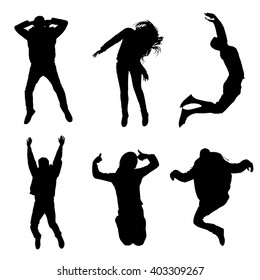 Vector silhouette of a group of happy jumping people, happy team 2d illustration set