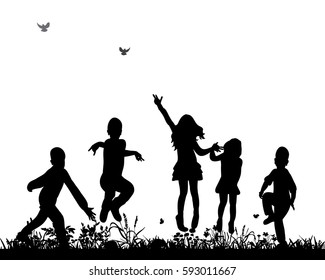 vector silhouette of group of kids jumping, isolated