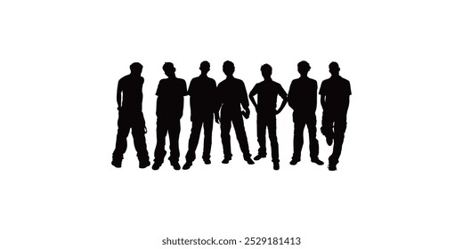 vector silhouette of a group of people or friends standing in black and white