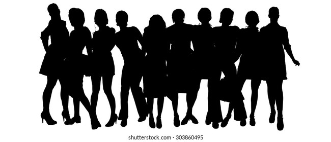 Vector silhouette of a group of people on a white background.