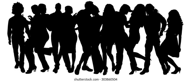 Vector silhouette of a group of people on a white background.