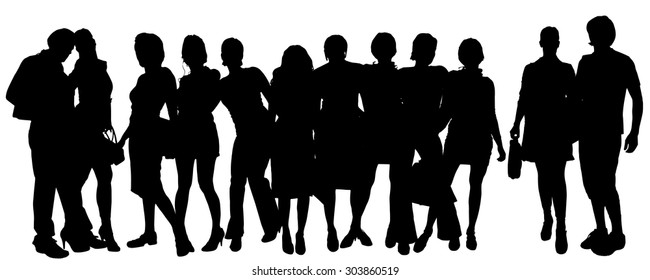 Vector silhouette of a group of people on a white background.