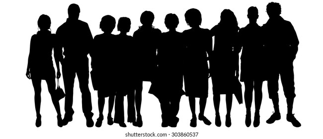 Vector silhouette of a group of people on a white background.