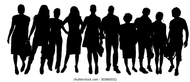 Vector silhouette of a group of people on a white background.