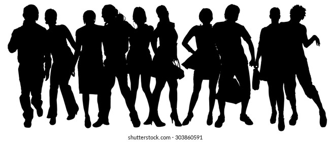 Vector silhouette of a group of people on a white background.