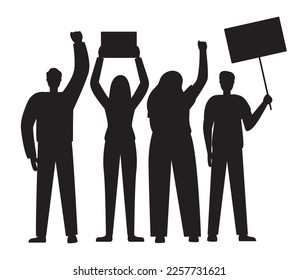 Vector silhouette of group people protest isolated on white background. Man and woman hand holding empty banner plate. Political activist campaign. Demonstration of laborers rights