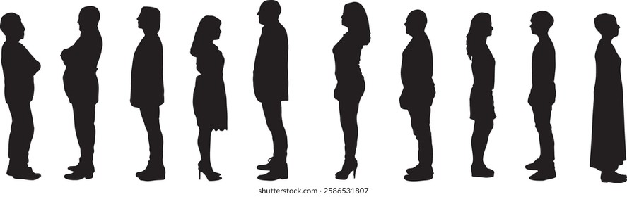 vector; silhouette of a group of people standing side view