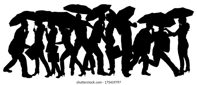 Vector silhouette of group of people with umbrellas.