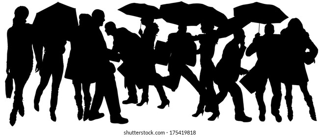 Vector silhouette of group of people with umbrellas.