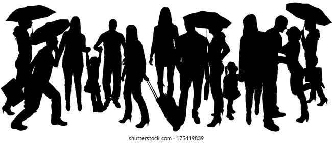 Vector silhouette of group of people with umbrellas.