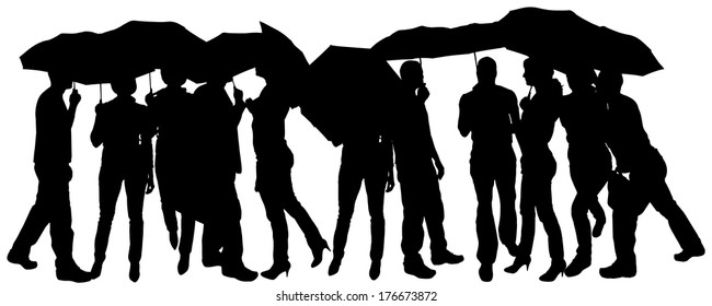 Vector silhouette of group of people with umbrellas.