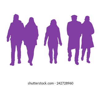 Vector Silhouette Of A Group Of People  Walking In Winter Clothing