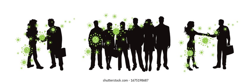 Vector silhouette of group of people who is spreading bacteria on white background. Symbol of disease and coronavirus.